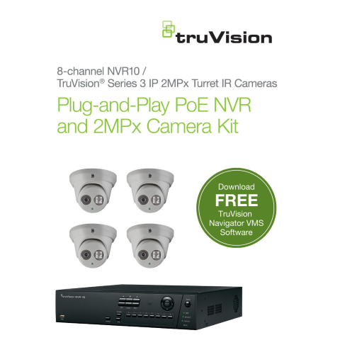 HD Tak Çalıştır PoE Gözetim Paketi. 2 TB'lık 8 Kanallı Gerçek Zamanlı 8 PoE Portlu HD NVR ve 4 Adet İç ve Dış Mekan Full HD TVT-5301 Taret Kamera İçerir.