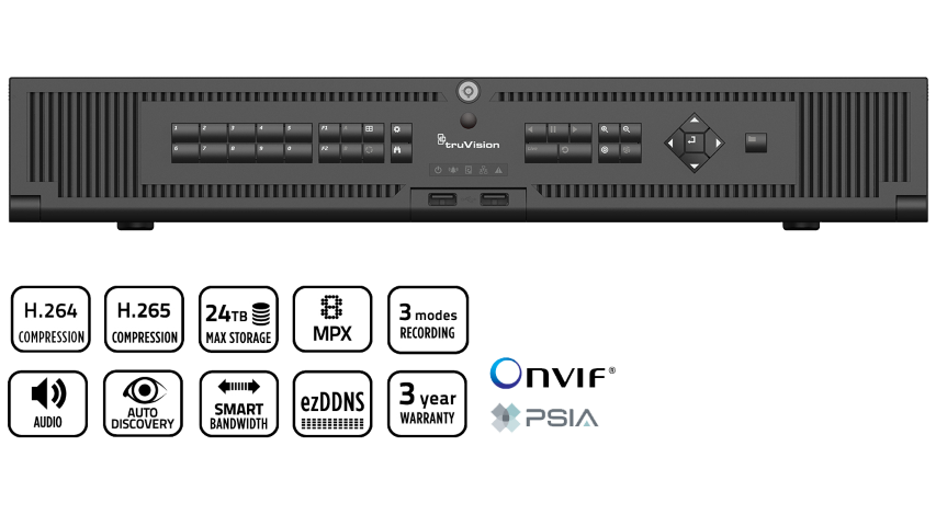 TruVision™ NVR 22 kaydedici, 16 IP kanalı, 8TB, H.265 NVR, 1.5U