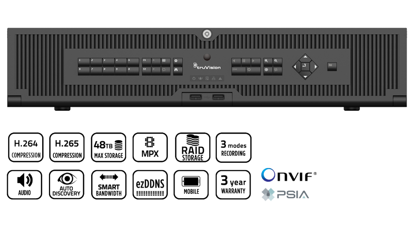 TruVision™ NVR 22P kayıt cihazı, 16 IP kanalı, 36 TB, H.265 NVR, 2U